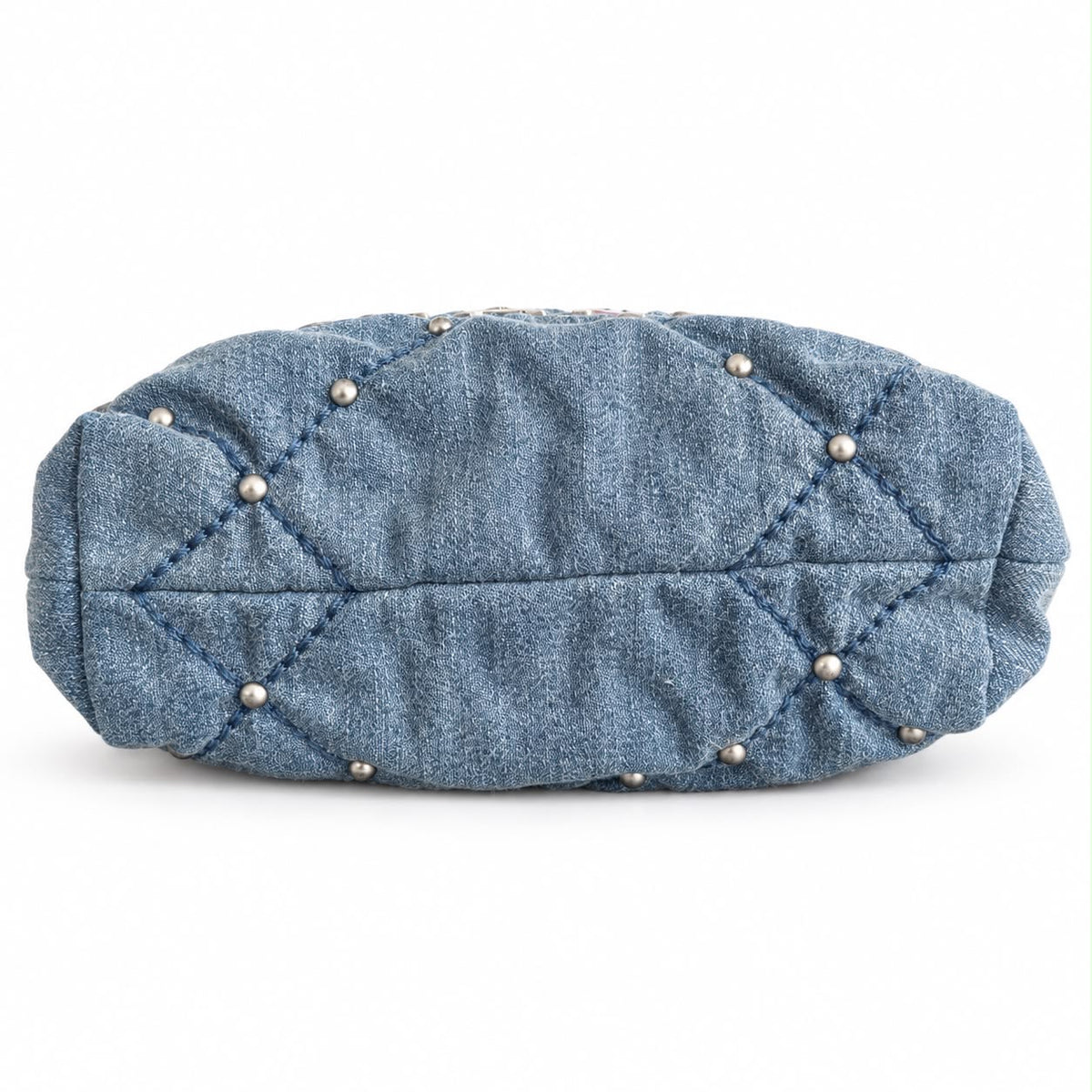 CHANEL – BAG MINI CHANEL 22 QUILTED BLUE DENIM WITH STUDS & SILVER-TONE HARDWARE