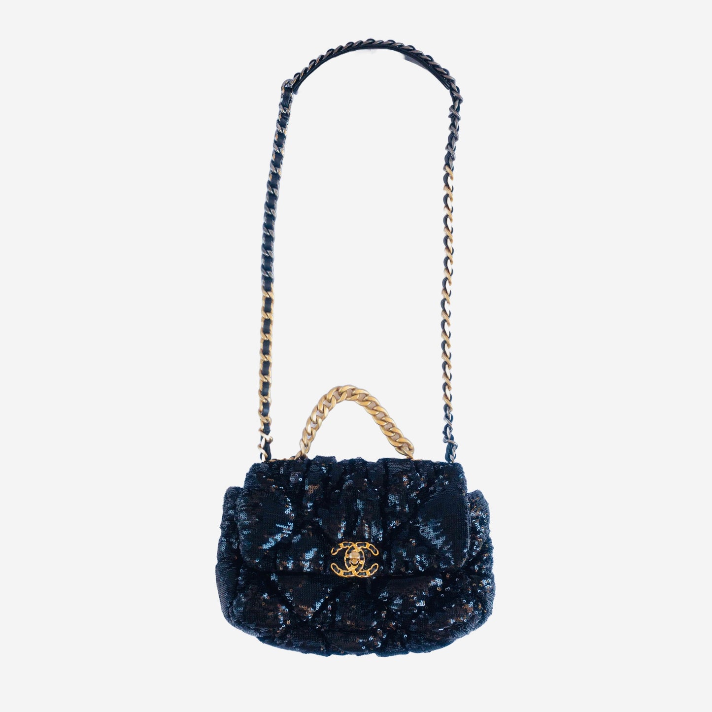 CHANEL - CHANEL 19 FLAP BAG IN BLACK QUILTED SEQUINS WITH GOLD HARDWARE