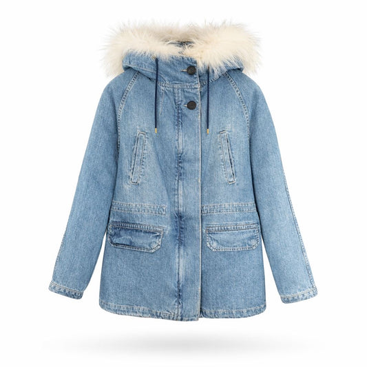 YVES SALOMON - PARKA IN DENIM LIGHT BLUE WITH ORILAG FUR LINING AND HOOD