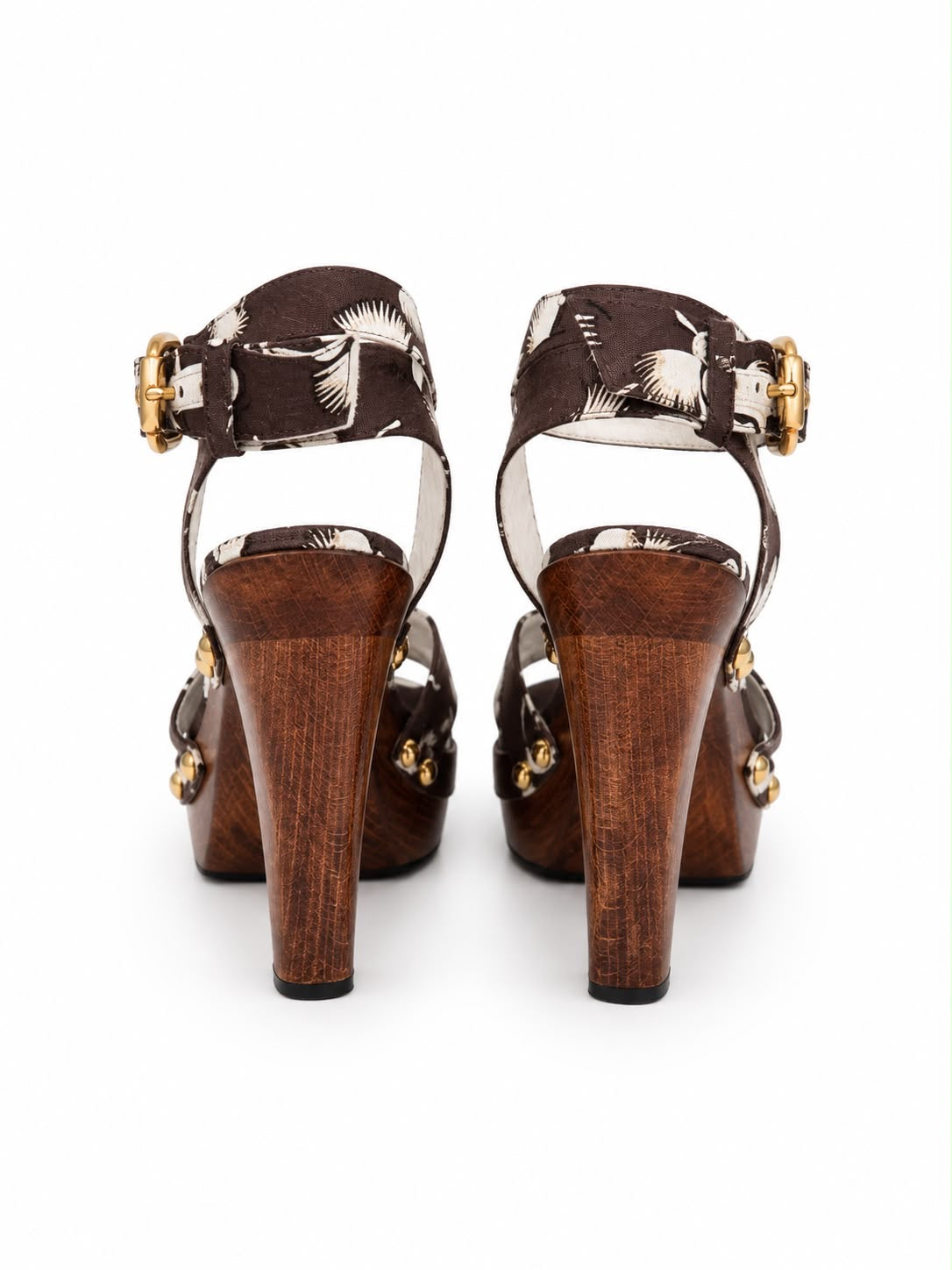 GUCCI - SANDALS PLATFORM BROWN CANVAS ORCHID PRINT WITH WOODEN HEELS SIZE 38 EU