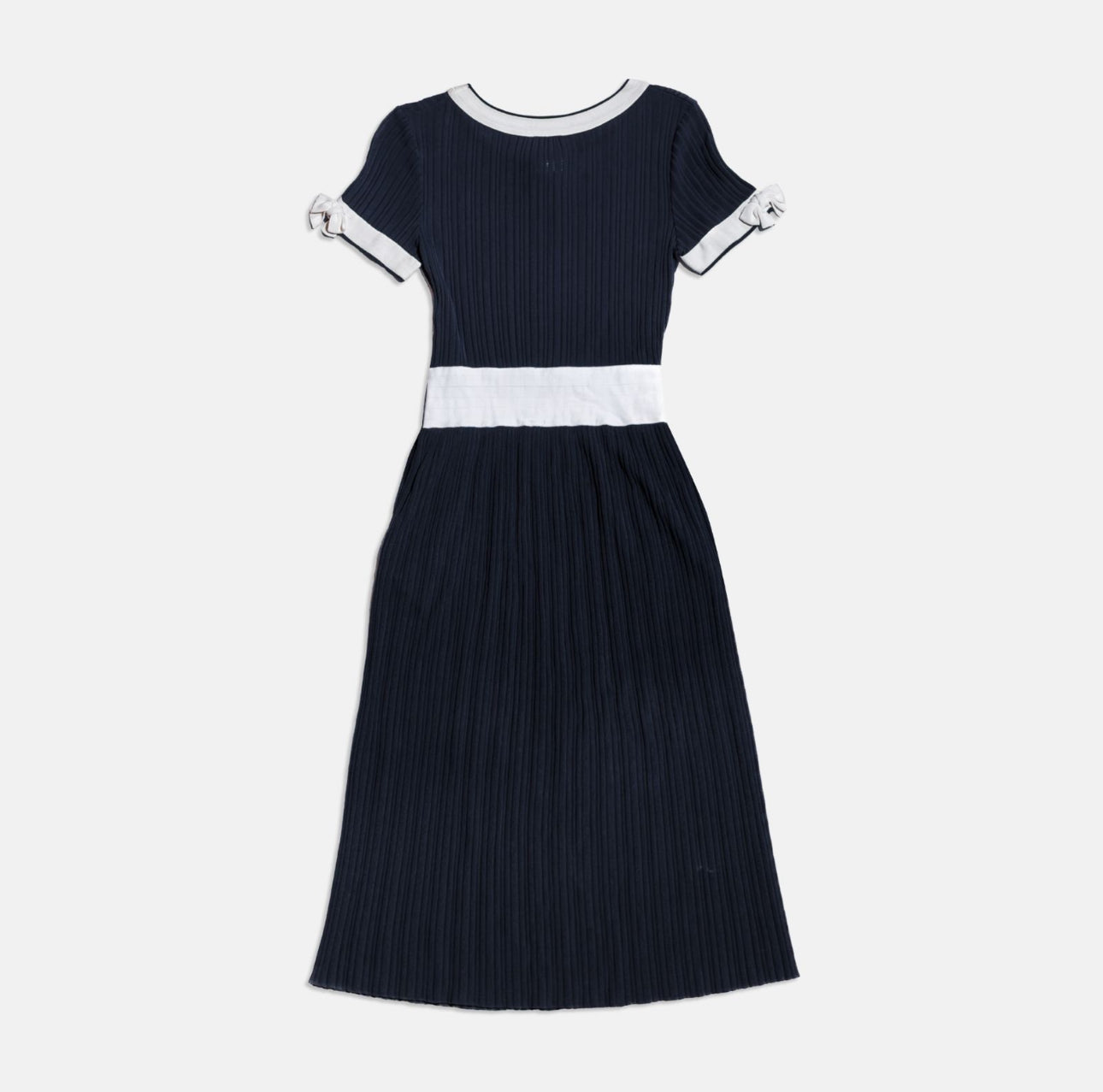 CHANEL - DRESS LONG NAVY AND WHITE RIBBED PLEATED KNIT SIZE 38 FR
