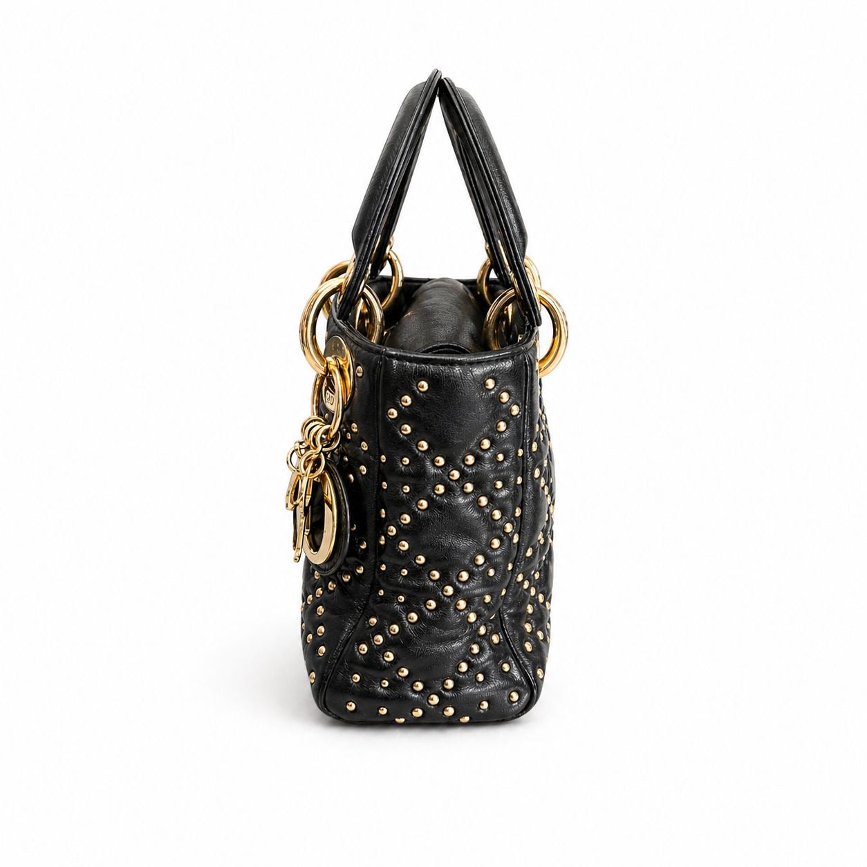 DIOR – LADY DIOR SMALL BLACK CANNAGE LEATHER BAG WITH GOLD STUDS AND SHOULDER STRAP
