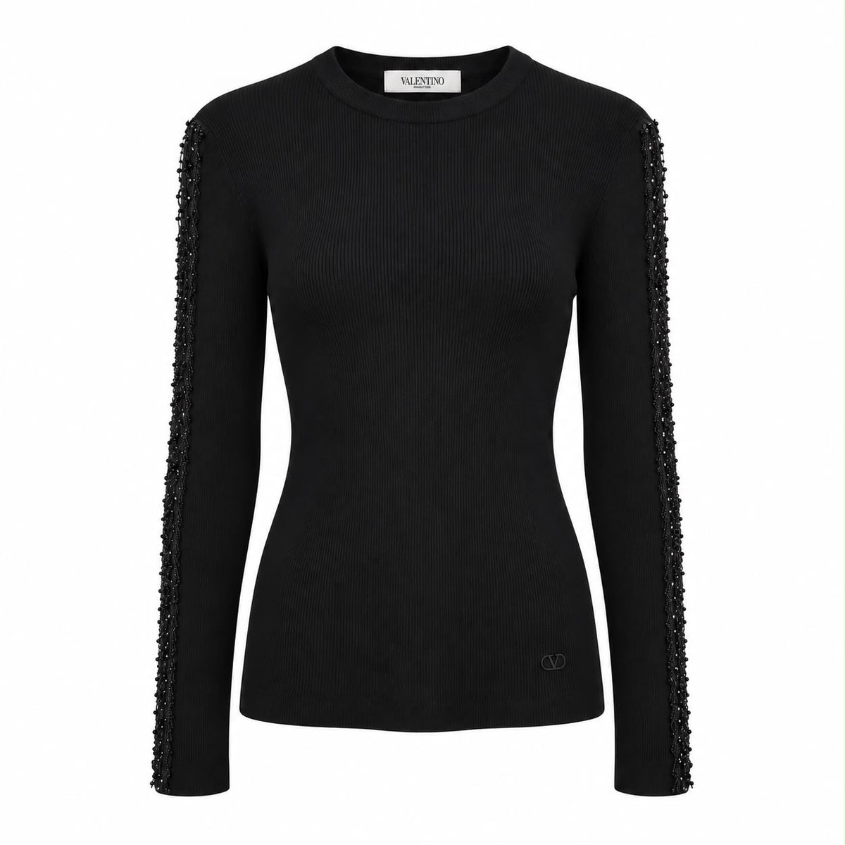 VALENTINO - TOP BLACK RIBBED KNIT LONG-SLEEVE WITH SHEER BEADED SHOULDER & SLEEVE DETAILS SIZE S