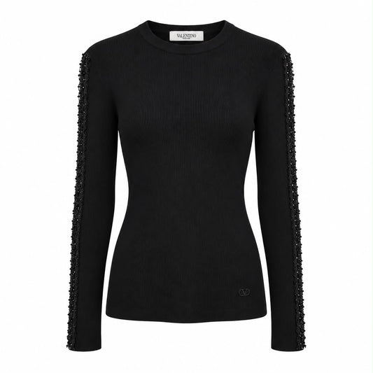 VALENTINO - TOP BLACK RIBBED KNIT LONG-SLEEVE WITH SHEER BEADED SHOULDER & SLEEVE DETAILS SIZE S