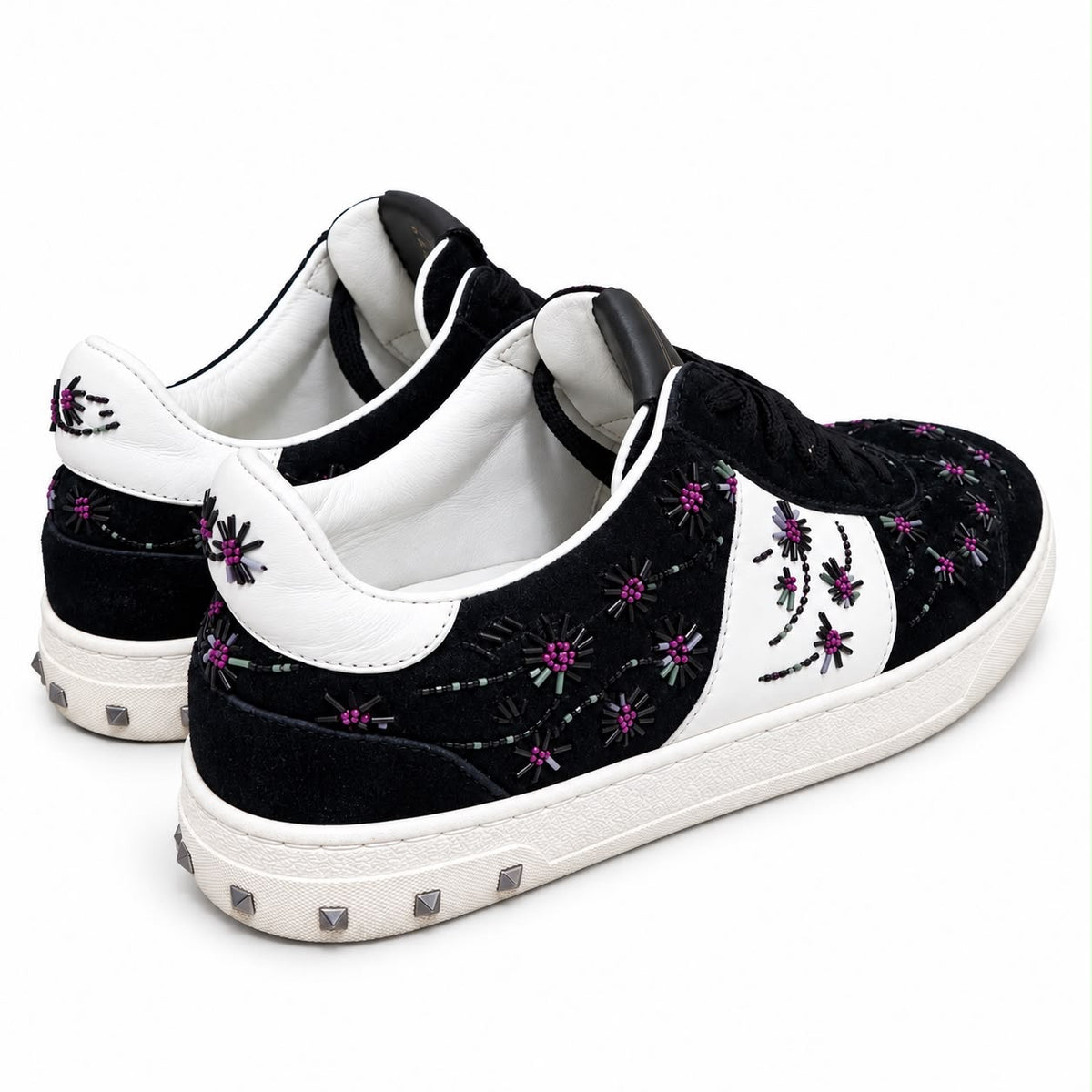 VALENTINO - SNEAKERS LOW FLYCREW BLACK SUEDE EITH FLORAL BEADE EMBROIDERY SIZE 37 EU