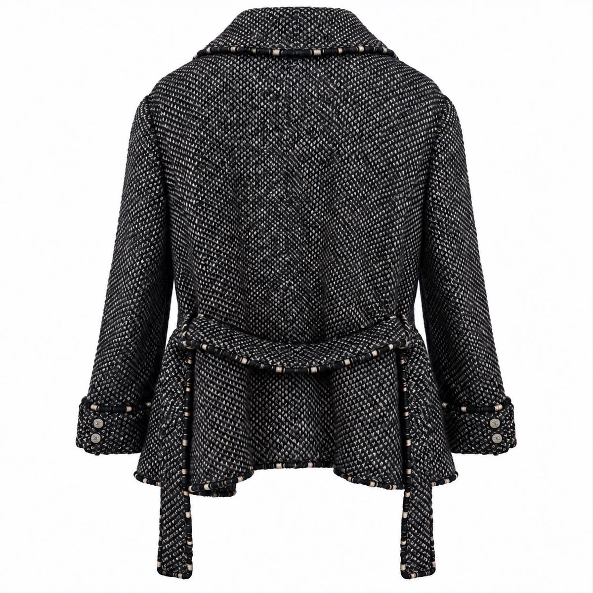 CHANEL – JACKET BLACK & WHITE TEXTURED TWEED BELTED WITH CC BUTTONS SIZE 48 FR