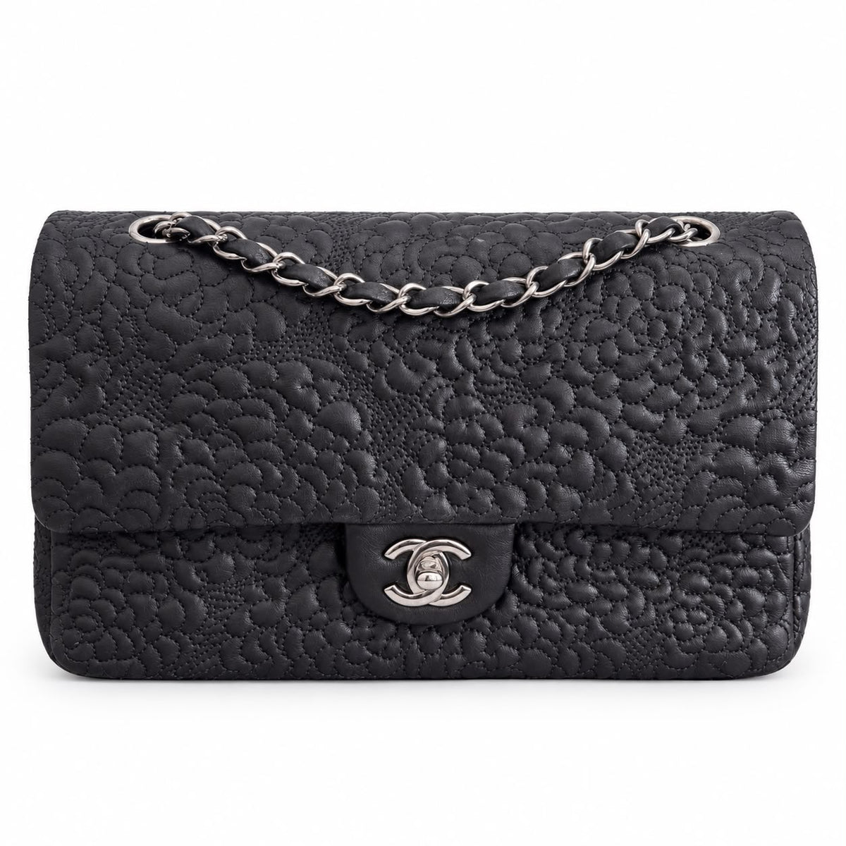 CHANEL - BAG TIMELESS CLASSIC FLAP BLACK CAMELLIA QUILTED LEATHER WITH SILVER TONE HARDWARE