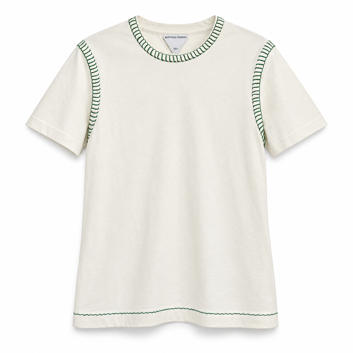 BOTTEGA VENETA - T-SHIRT ECRU GREEN OVERLOCK STITCH SIZE S
