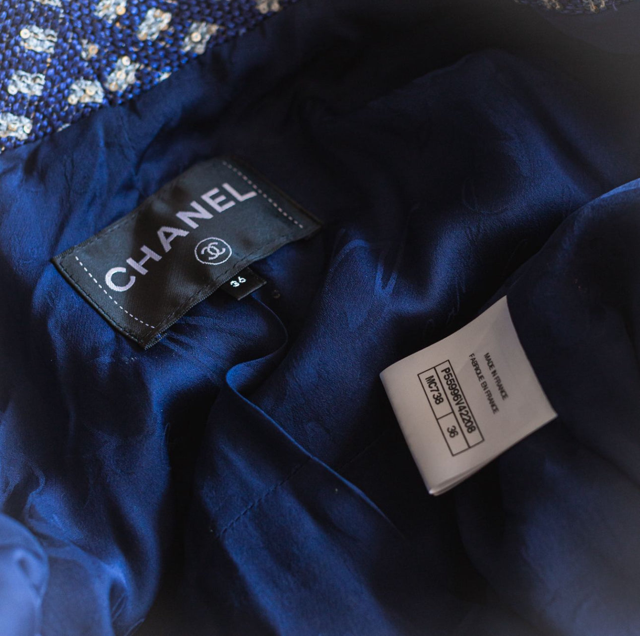 CHANEL - JACKET TWEED LONG SILVER AND BLUE SIZE 36 FR