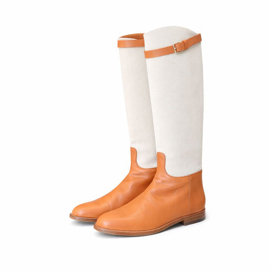 HERMÈS - HIGH BOOTS LEATHER AND CANVAS BROWN AND BEIGE SIZE 39 EU