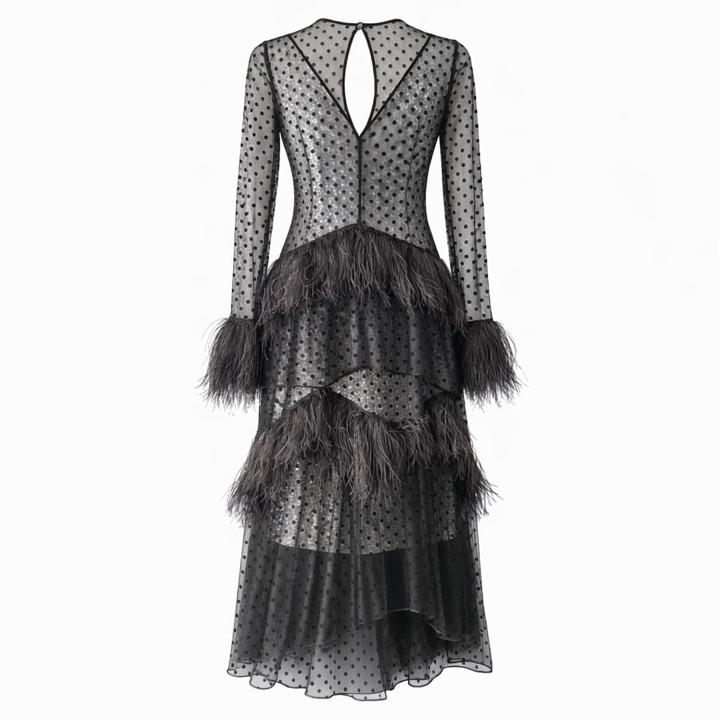 ERDEM - DRESS LONG BLACK POLKADOT WITH SEQUINS AND FEATHERS SIZE 42 FR
