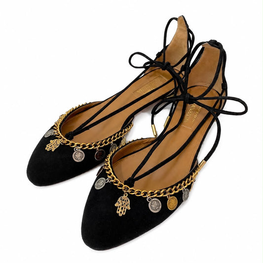 AQUAZZURRA - FLATS ALEXA EMBELLISHED ANKLE-TIE SIZE 37 EU