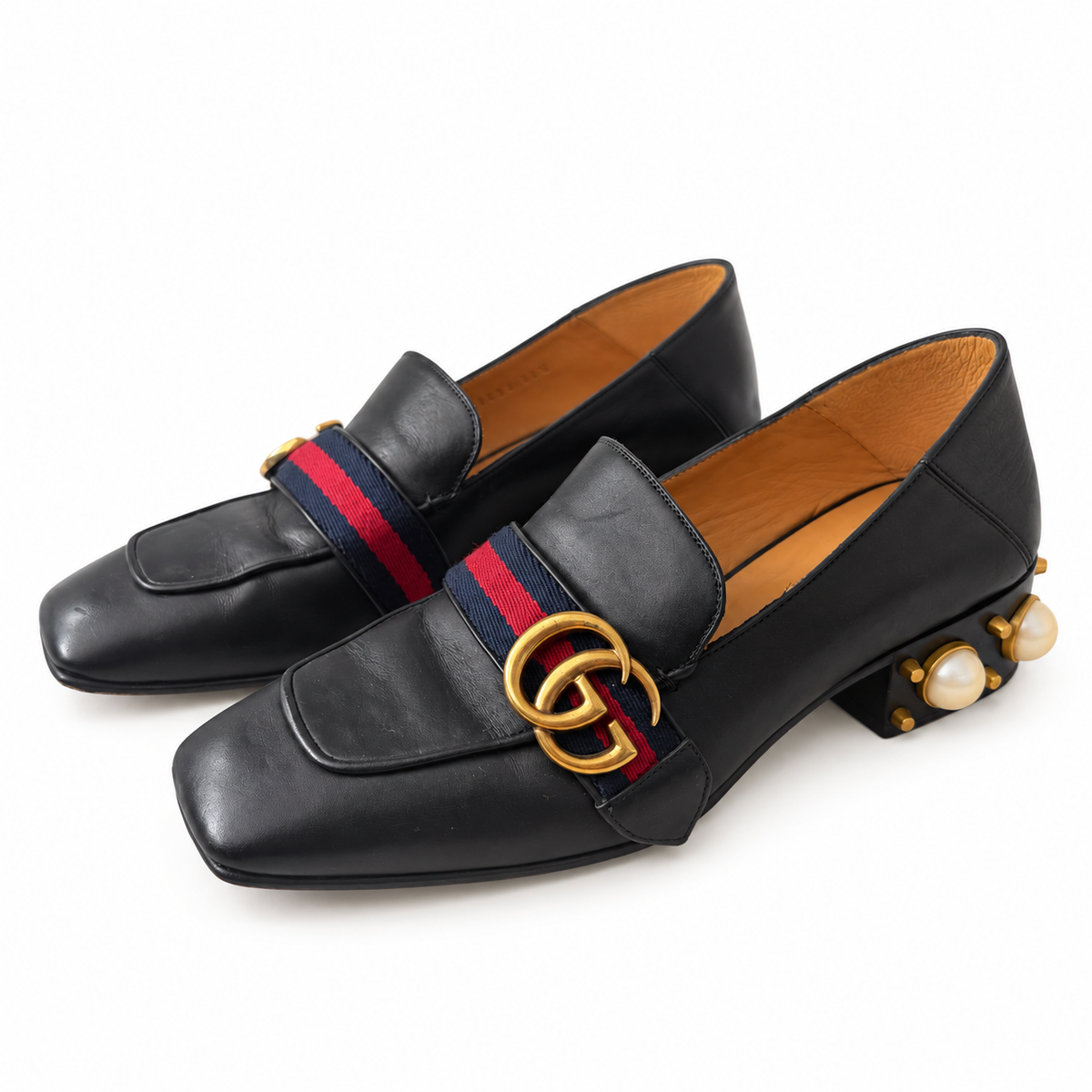 GUCCI - LOAFERS PEYTON BLACK LEATHER WITH DOUBLE G & PEARL-EMBELLISHED HEELS SIZE 36,5 EU