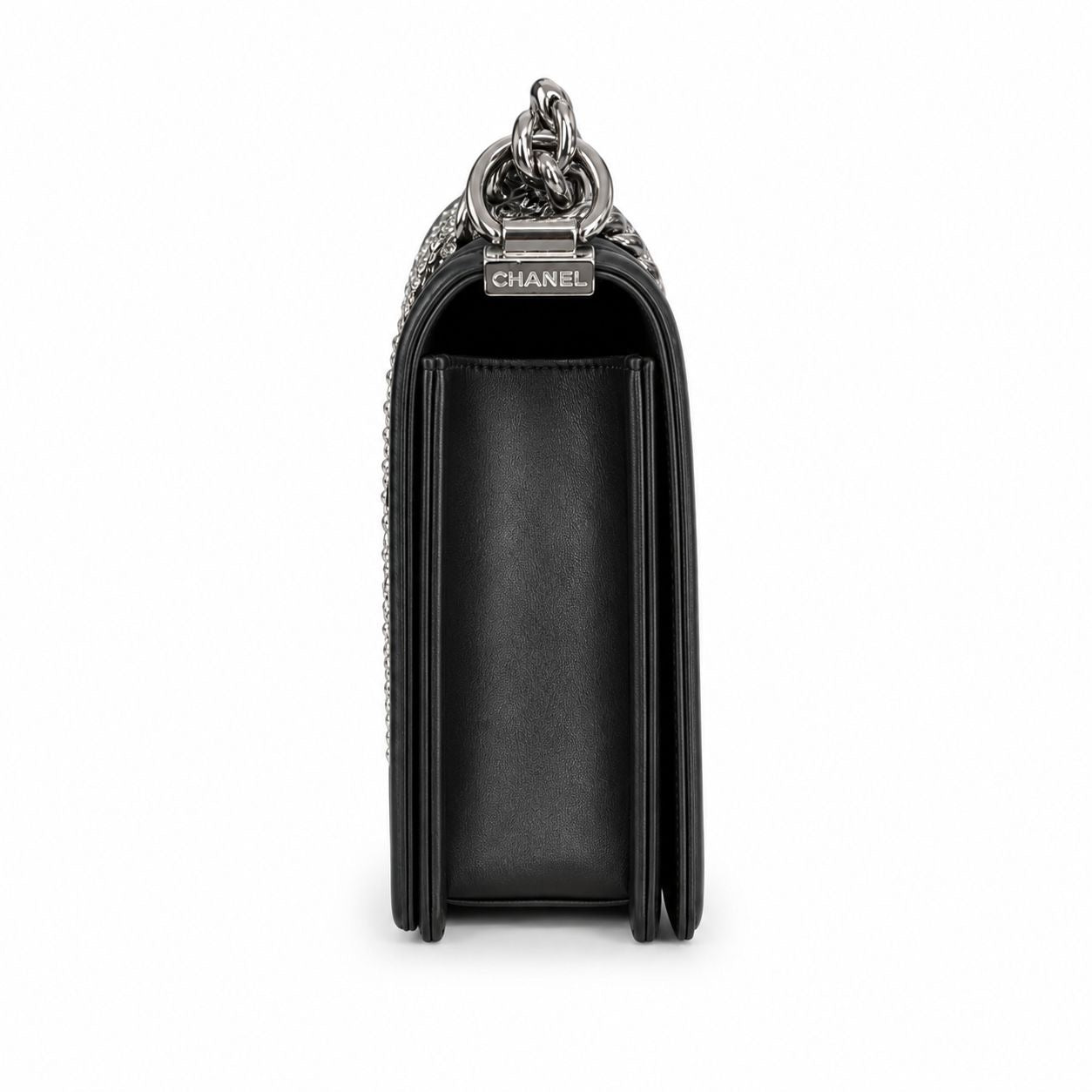 CHANEL - BAG BOY MEDIUM BLACK METALLIC LAMBSKIN WITH GLASS PEARL EMBROIDERY