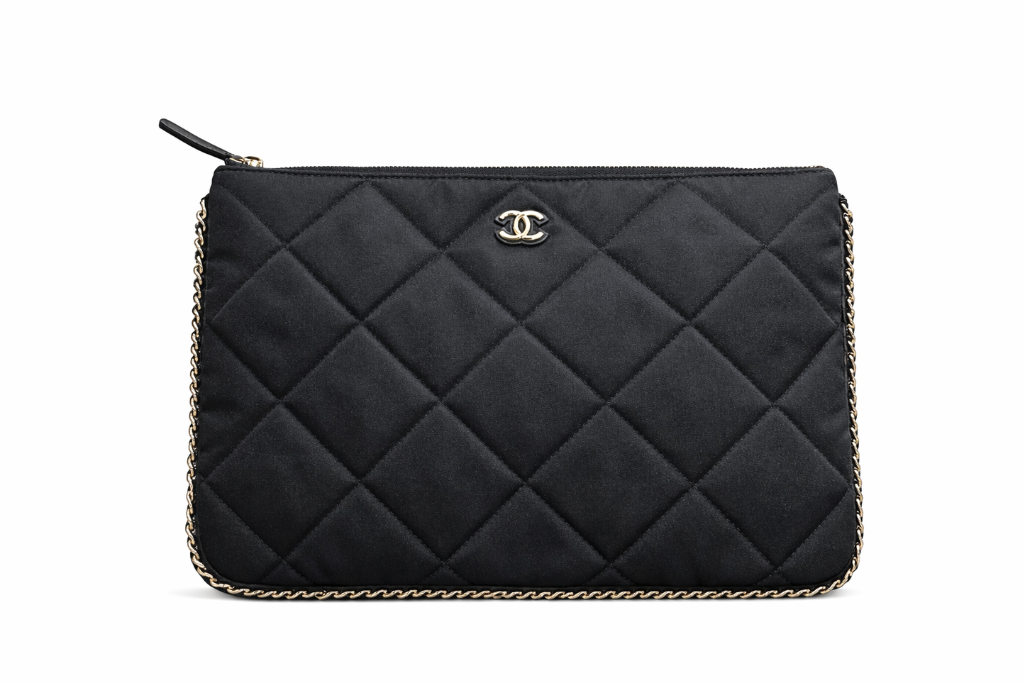 CHANEL - POUCH BLACK SATIN CHAIN-TRIM QUILTED