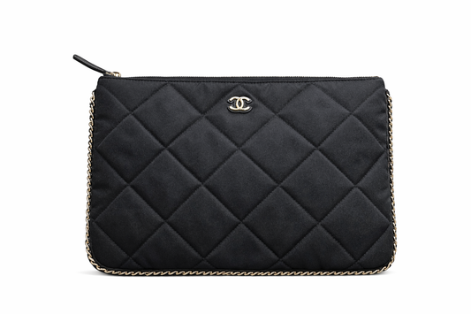 CHANEL - POUCH BLACK SATIN CHAIN-TRIM QUILTED