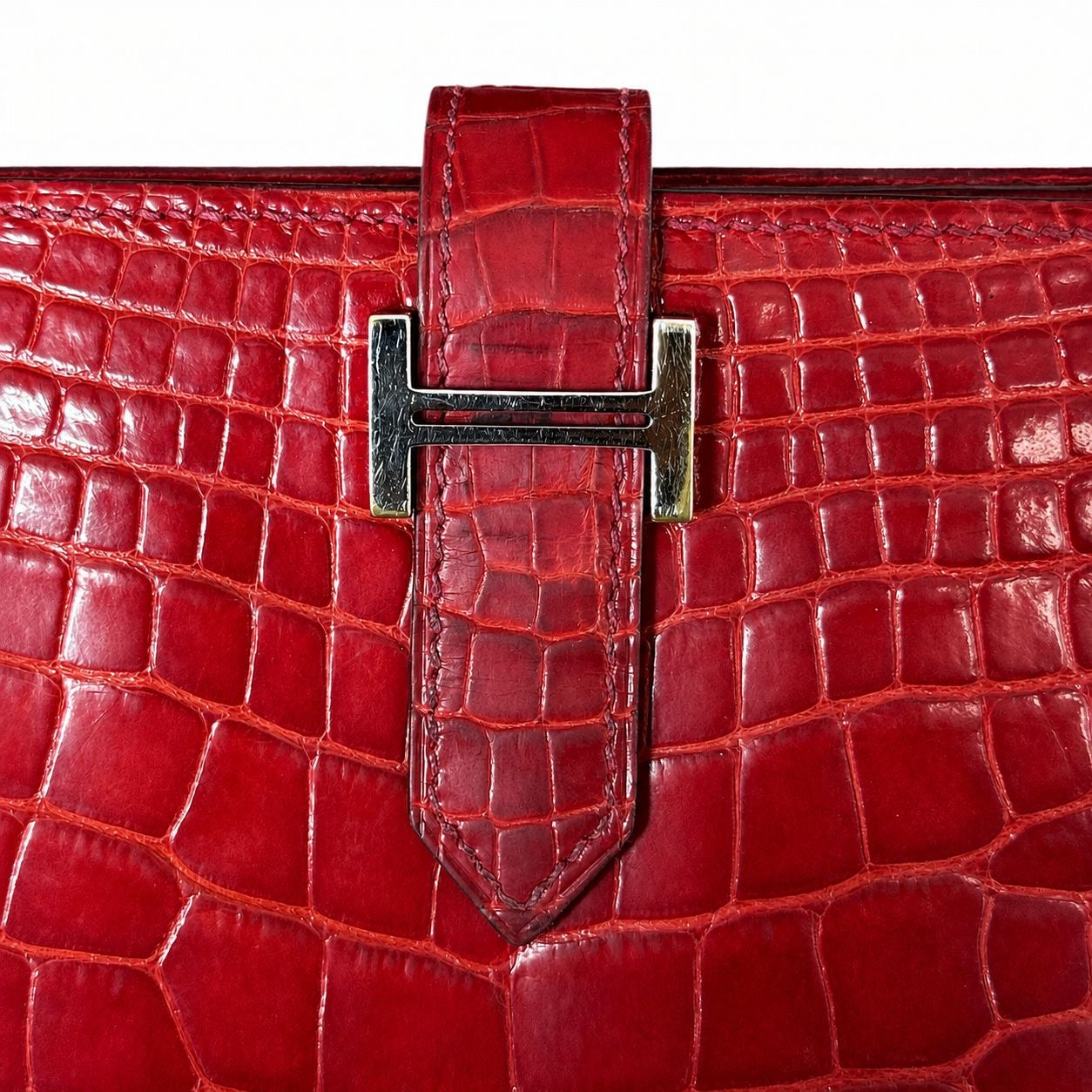 HERMÈS - WALLET BEARN RED ALLIGATOR LEATHER PALLADIUM HARDWARE
