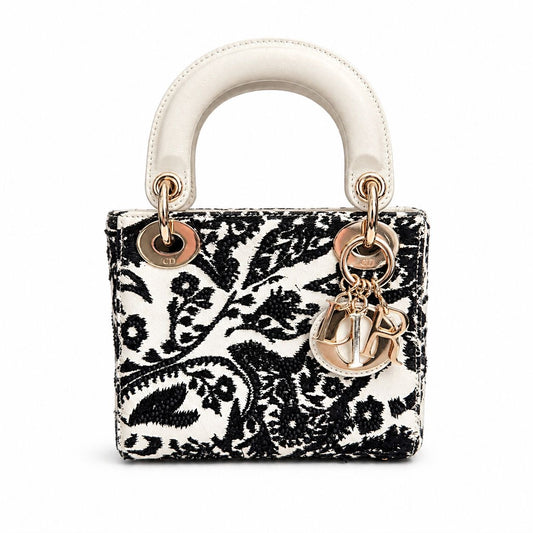 DIOR - *NEW LIMITED EDITION* BAG MINI LADY DIOR ECRU LEATHER WITH BLACK EMBROIDERY