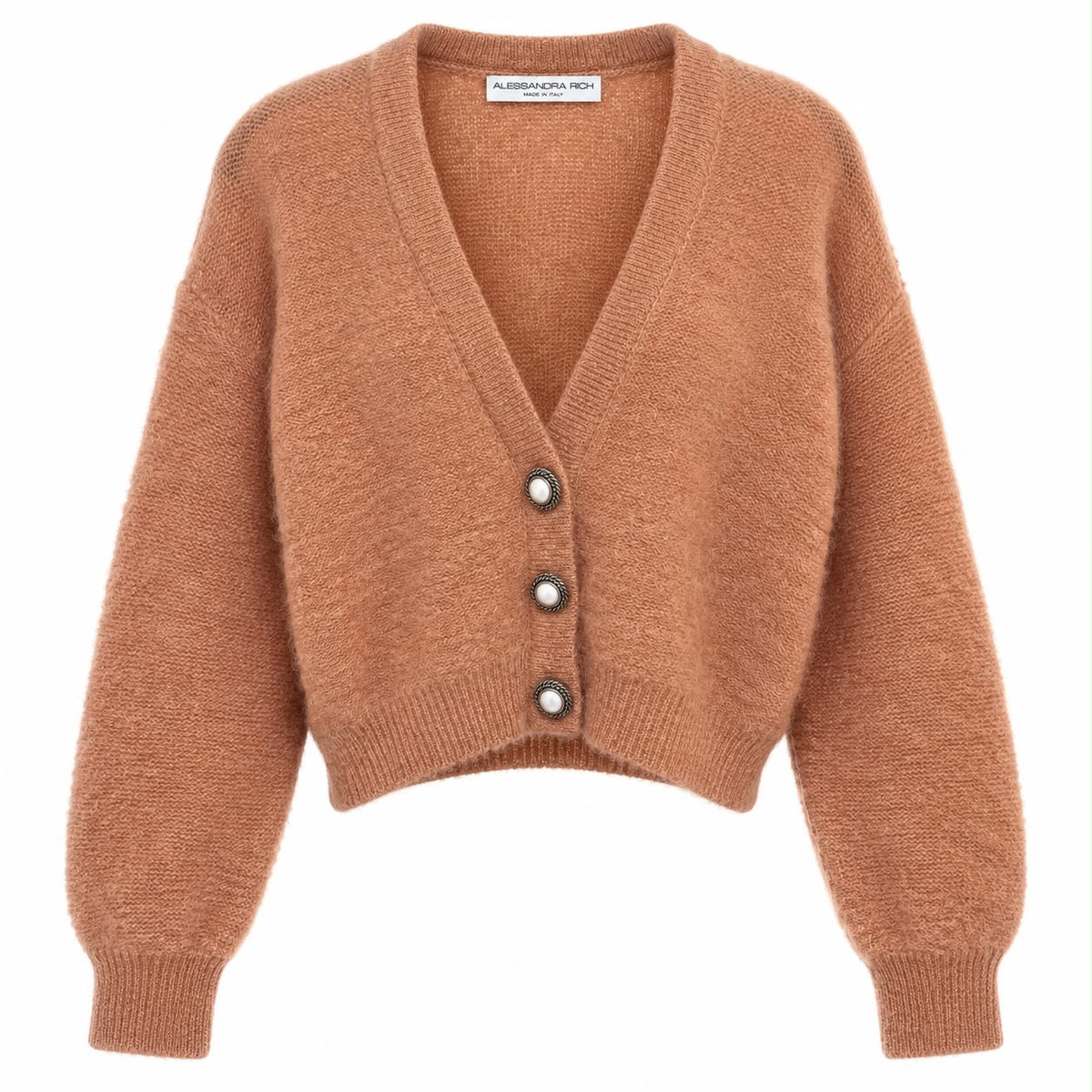 ALESSANDRA RICH - CARDIGAN CAMEL MOHAIR CROPPED WITH JEWEL BUTTONS SIZE 40 IT