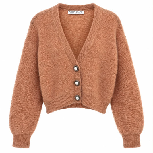 ALESSANDRA RICH - CARDIGAN CAMEL MOHAIR CROPPED WITH JEWEL BUTTONS SIZE 40 IT