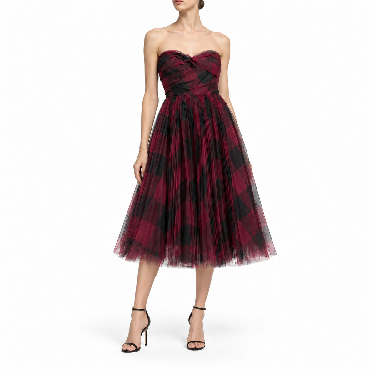 DIOR - DRESS CHECKED RED AND BLACK TULLE STRAPLESS BUSTIER SIZE 36 FR