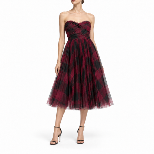 DIOR - DRESS CHECKED RED AND BLACK TULLE STRAPLESS BUSTIER SIZE 36 FR
