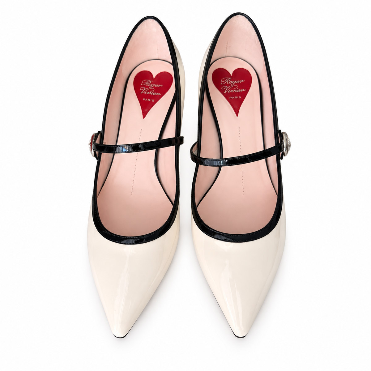 ROGER VIVIER - PUMPS IVORY PATENT LEATHER MARY JANE WITH CRYSTAL BUCKLES & VIRGULE HEELS SIZE 40 EU