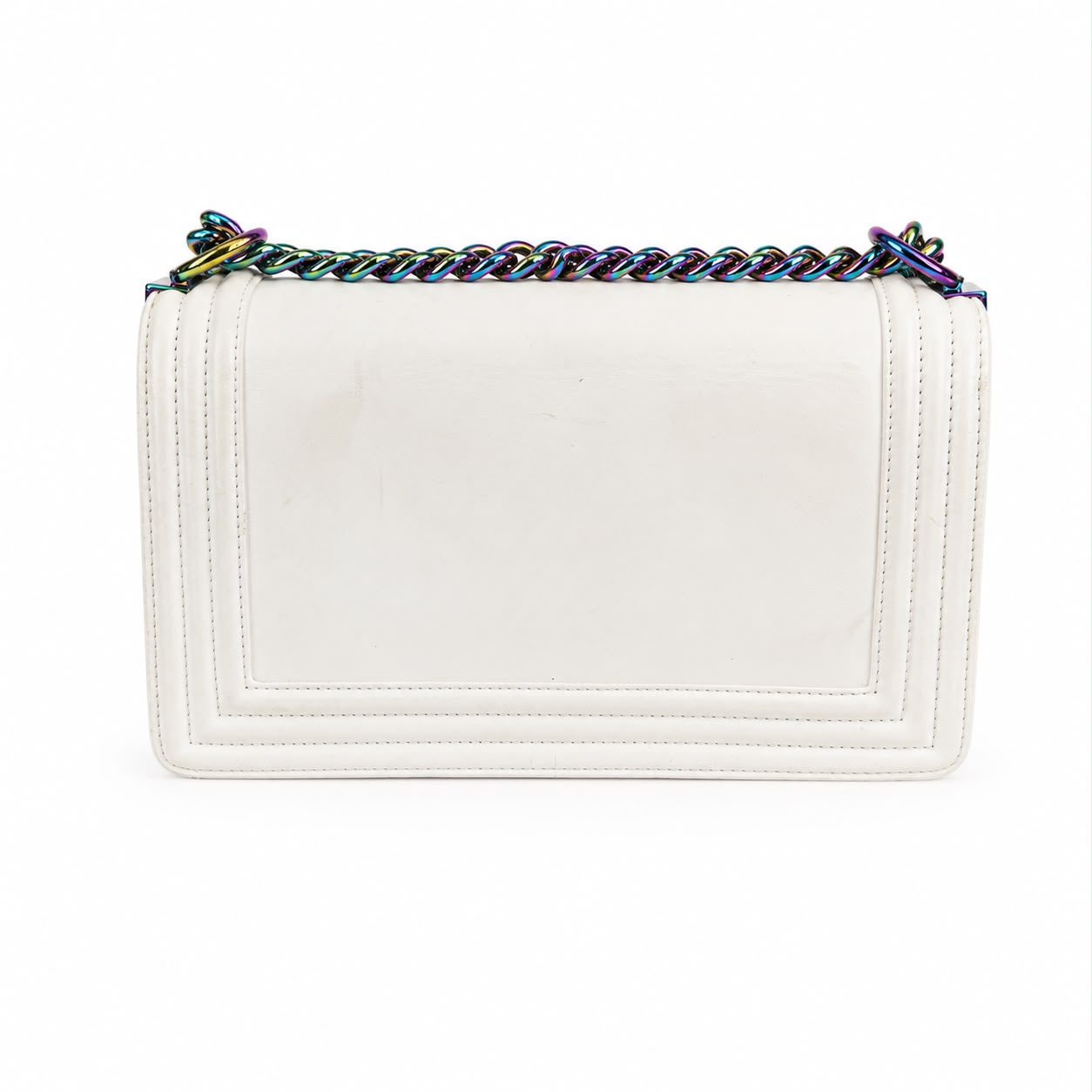 CHANEL - *RARE* BAG BOY MEDIUM LED WHITE LAMBSKIN WITH RAINBOW HARDWARE