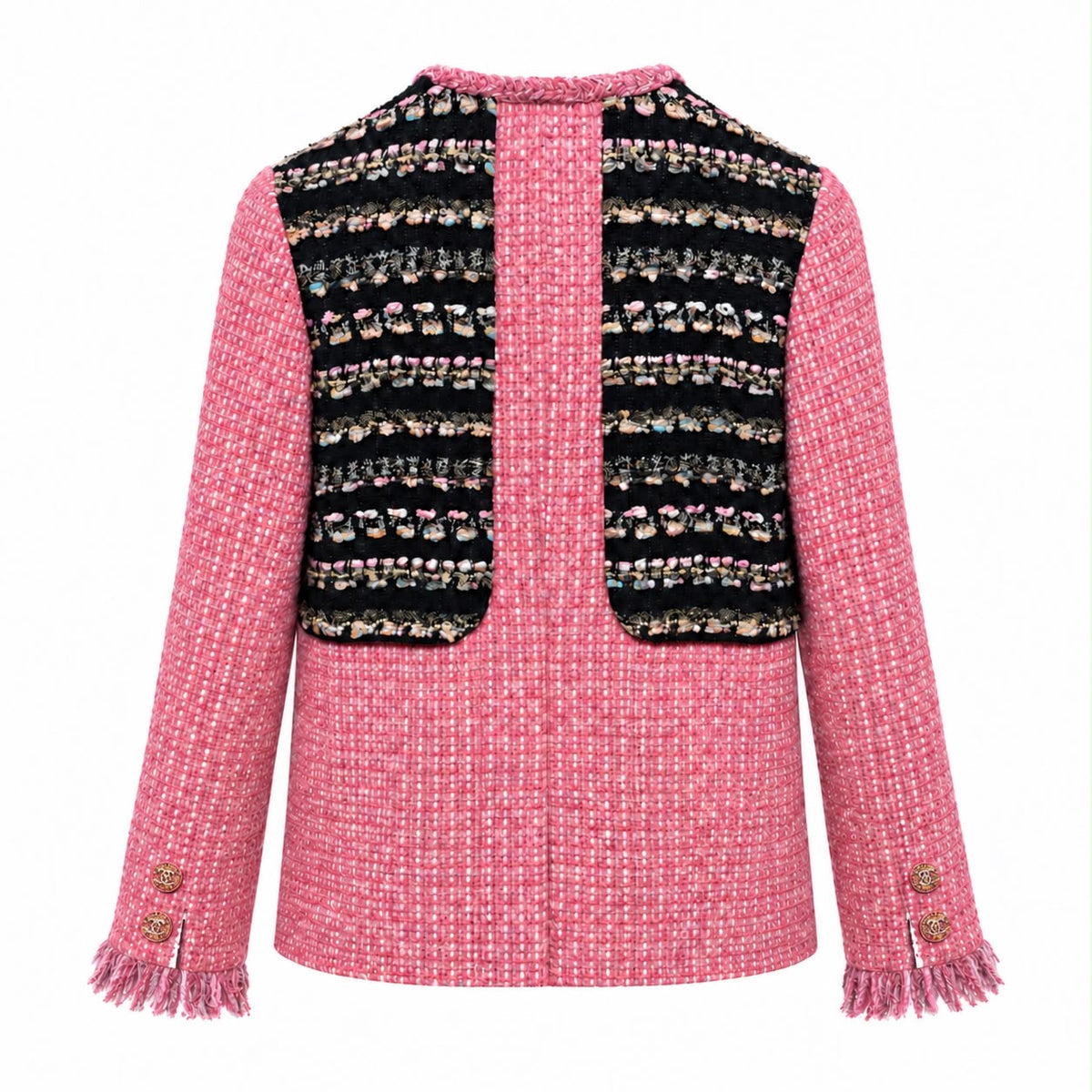 CHANEL – JACKET TWEED PINK & BLACK MULTICOLOR WITH JEWELED CC BUTTONS SIZE 34 FR