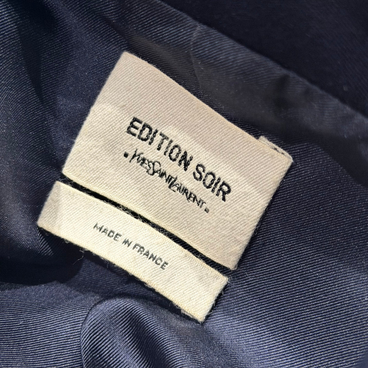 SAINT LAURENT - SUIT SMOKING JACKET AND TROUSERS BLUE WITH SATIN LAPELS SIZE 40 FR / 44 IT