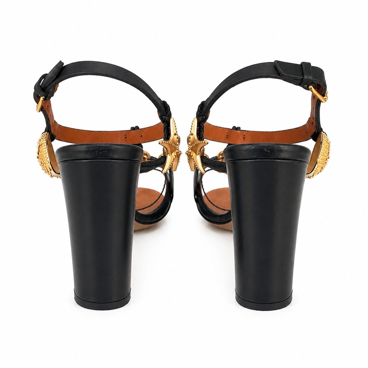 VALENTINO - SANDALS HIGH BLACK LEATHER WITH MARINE GOLD EMBELLISHMENTS SIZE 38 EU