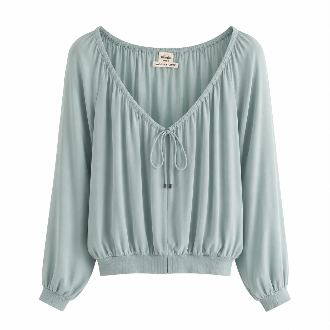 HERMÈS - BLOUSE LONG-SLEEVE LIGHT BLUE SILK WITH FRONT ZIP SIZE 38 FR
