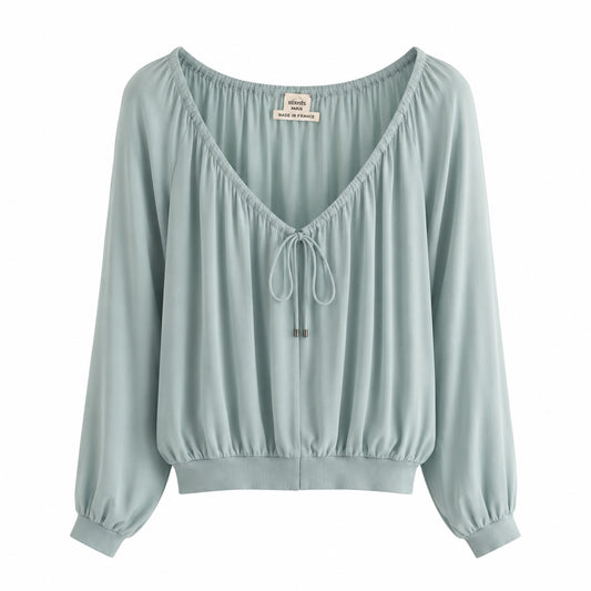 HERMÈS - BLOUSE LONG-SLEEVE LIGHT BLUE SILK WITH FRONT ZIP SIZE 38 FR