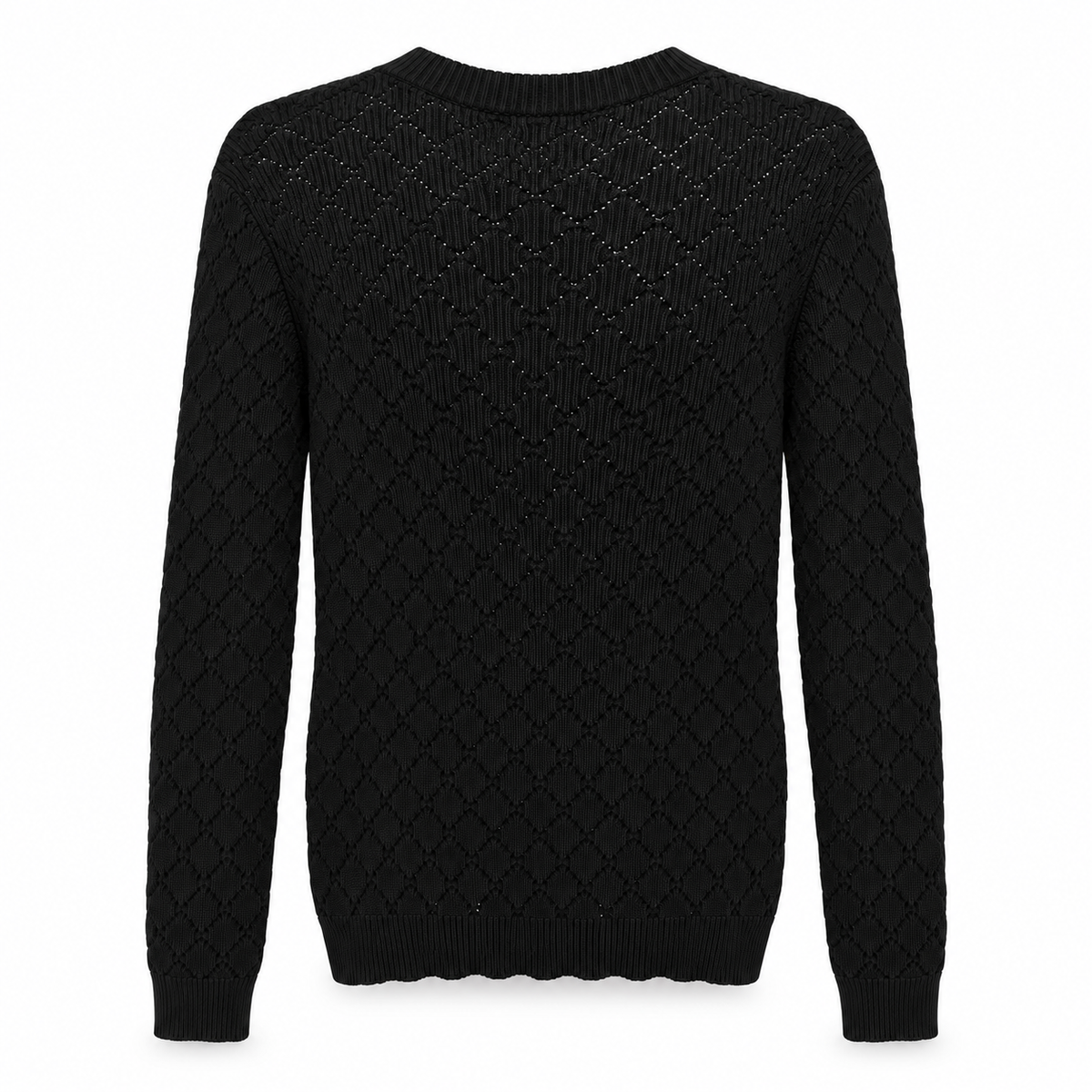 CHANEL - SWEATER BLACK OPENWORK COTTON KNIT WITH DIAMOND PATTERN & GOLD-TONE CC LOGO SIZE 44 FR