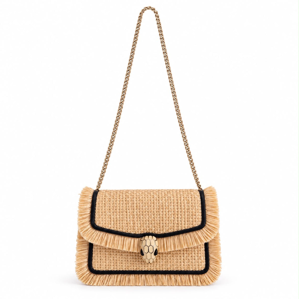 BULGARI - *NEVER WORN* BAG SERPENTI FOREVER MINI IN NATURAL RAFFIA WITH BLACK LEATHER TRIM