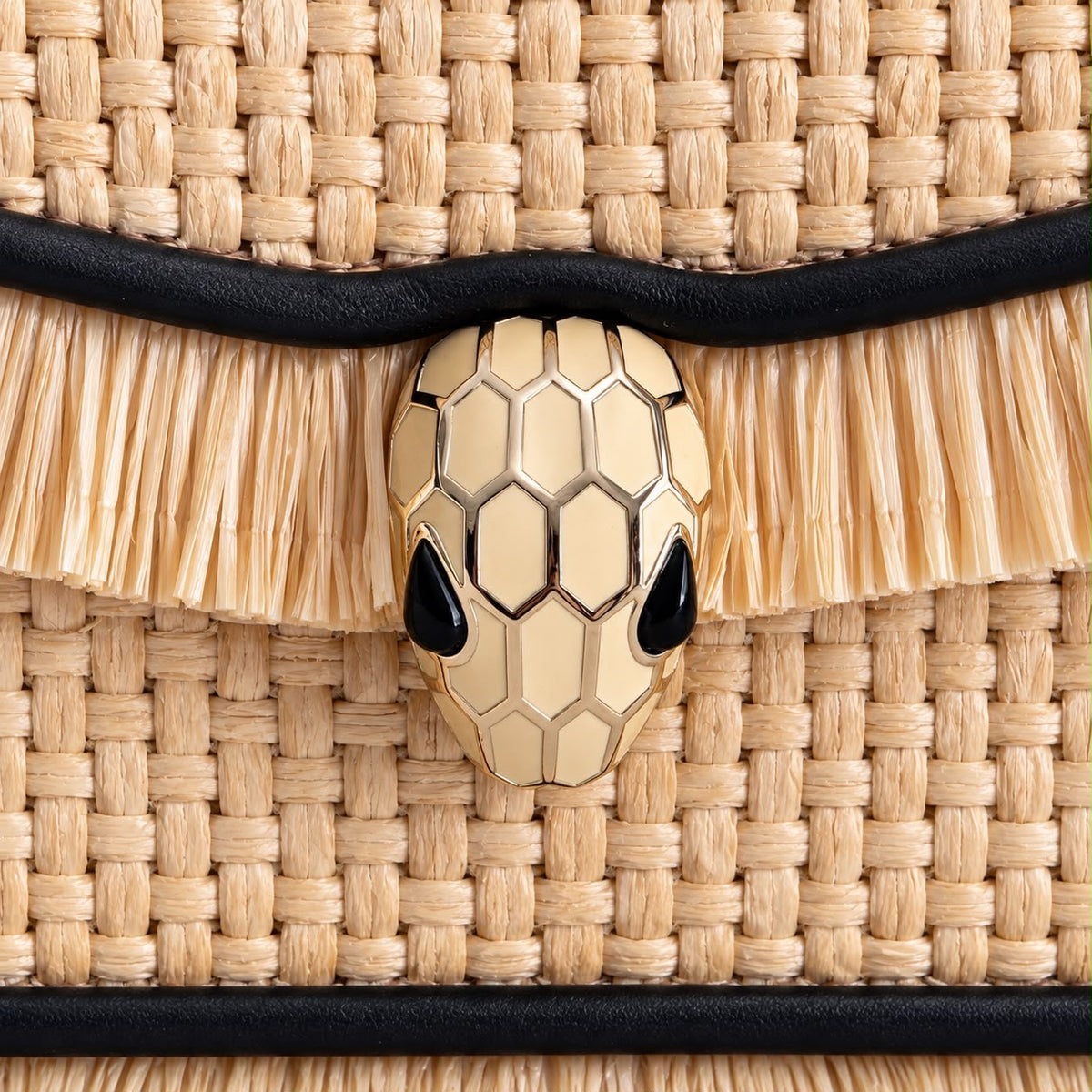 BULGARI - *NEVER WORN* BAG SERPENTI FOREVER MINI IN NATURAL RAFFIA WITH BLACK LEATHER TRIM