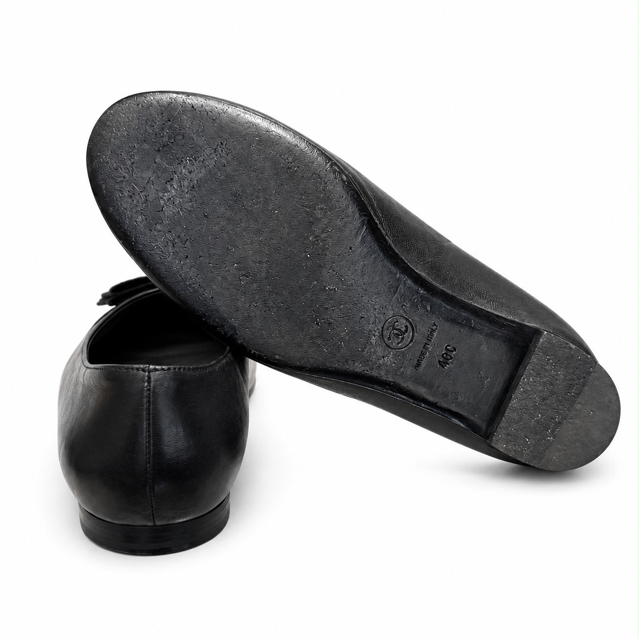 CHANEL - BALLET FLATS BLACK LEATHER WITH BOW SIZE 40 EU