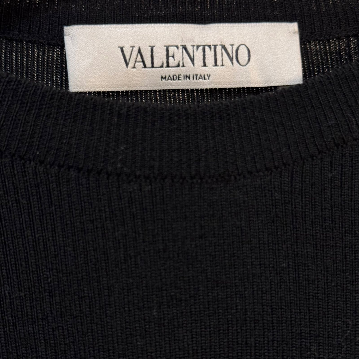 VALENTINO - TOP BLACK RIBBED KNIT LONG-SLEEVE WITH SHEER BEADED SHOULDER & SLEEVE DETAILS SIZE S
