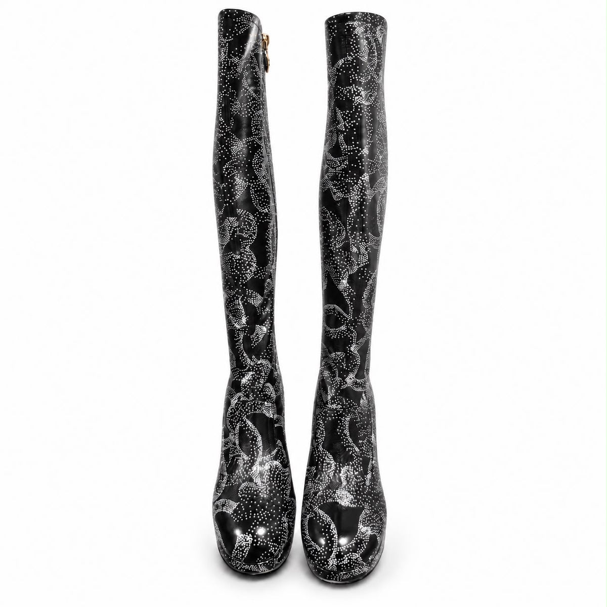 CHANEL - BOOTS CALFSKIN CAMELLIA PRINT BLACK & WHITE SIZE  37 C