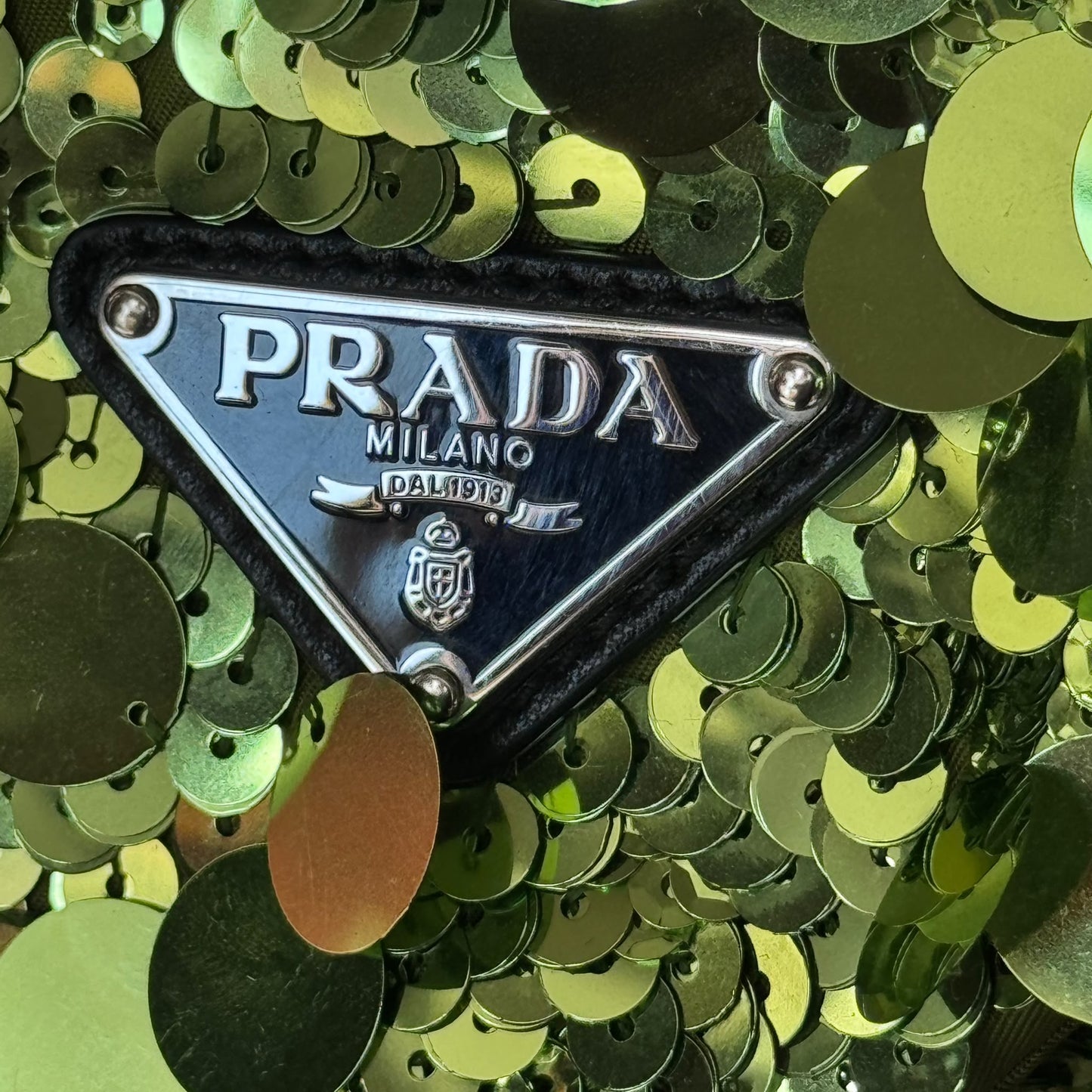 PRADA - BAG GREEN SEQUIN TRIANGLE WITH BLACK LEATHER DETAILS