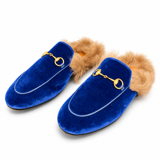 GUCCI - LOAFER PRINCETOWN BLUE VELVET FUR-LINED SIZE 38 EU