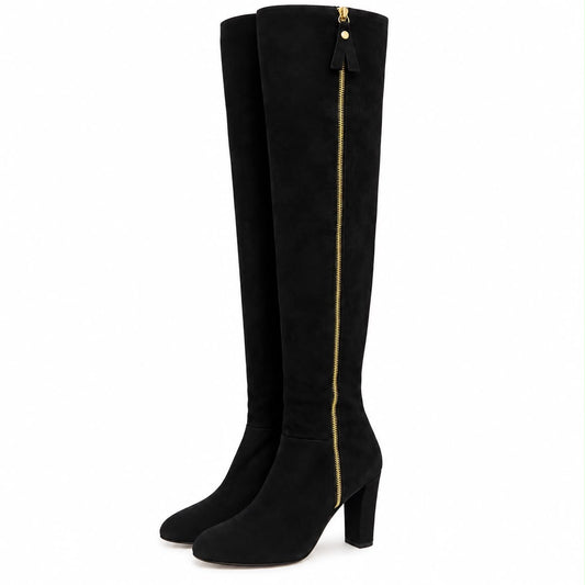 STUART WEITZMAN - HIGH BOOTS BLACK SUEDE WITH GOLD-TONE SIDE ZIPPER SIZE 37 EU