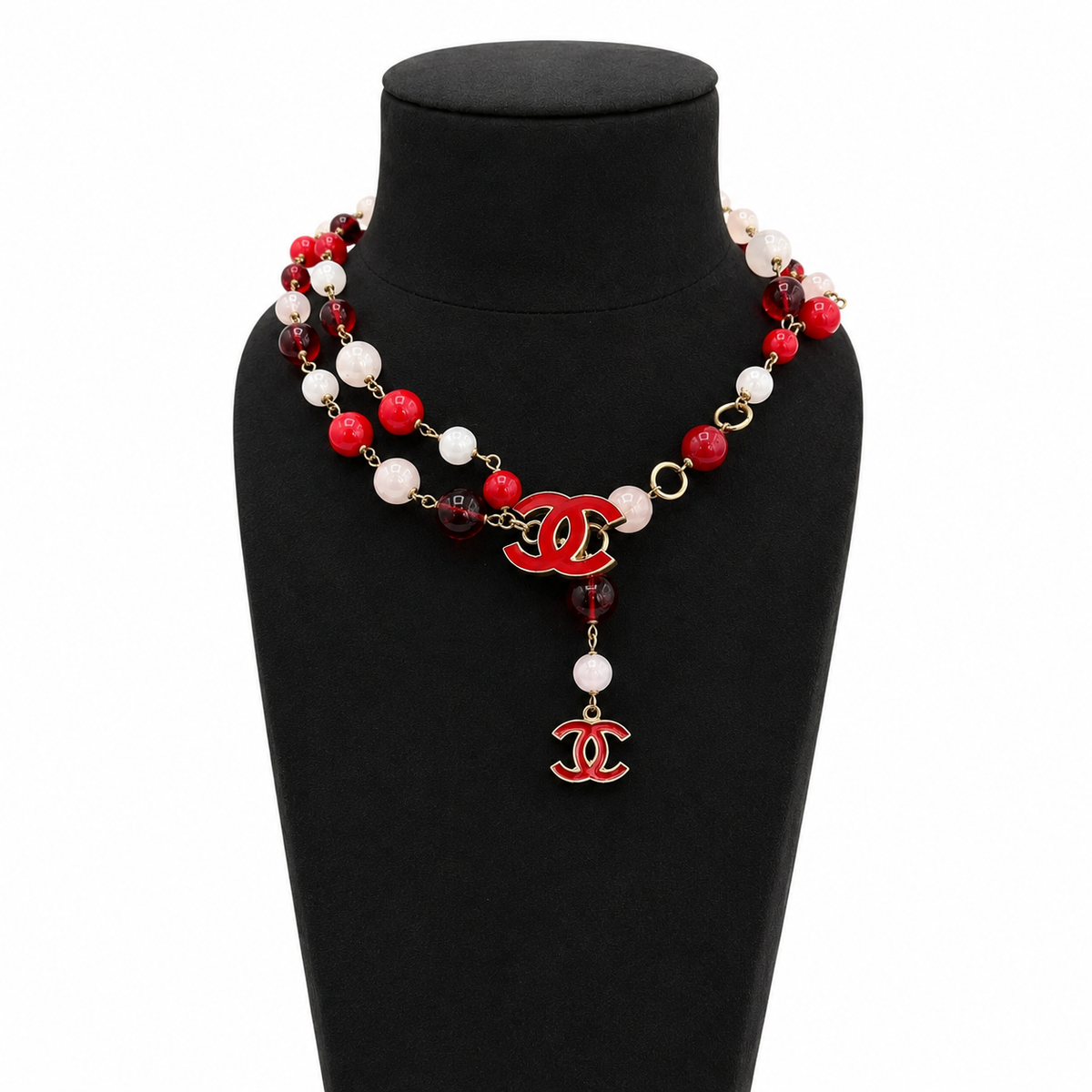 CHANEL - NECKLACE MULTI-STRAND ROSE QUARTZ & RED BEADED