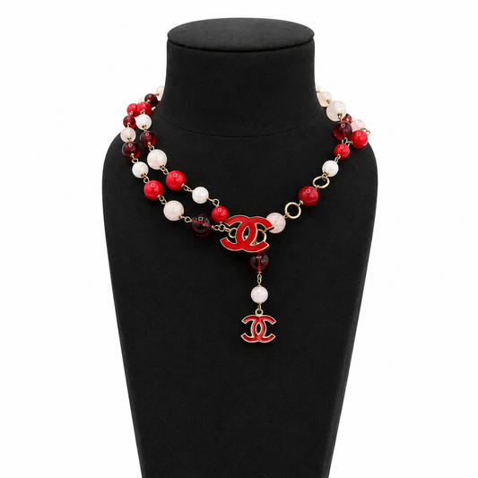CHANEL - NECKLACE MULTI-STRAND ROSE QUARTZ & RED BEADED