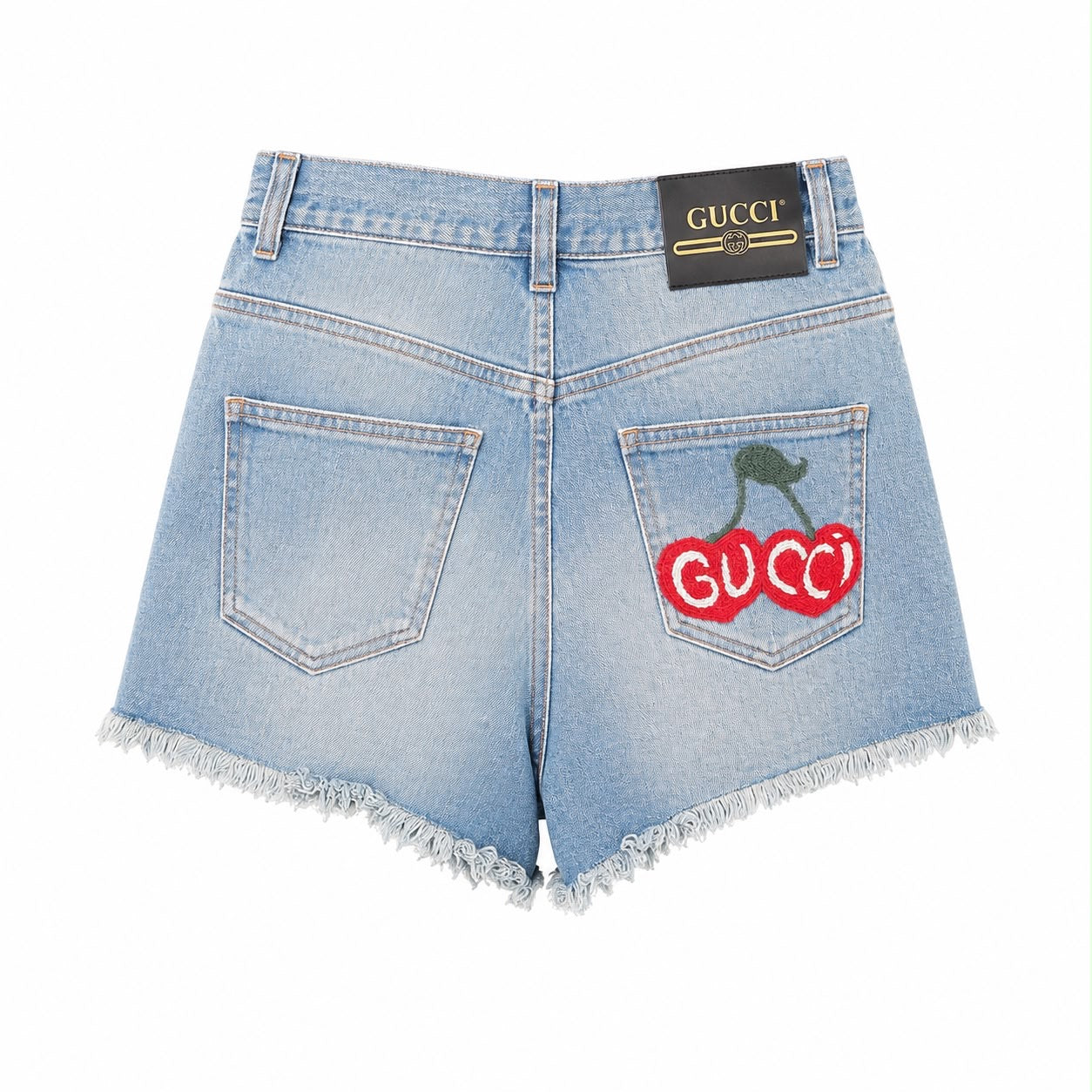 GUCCI - DENIM SHORTS LIGHT WASH DENIM WITH CHERRY LOGO EMBROIDERY SIZE 25