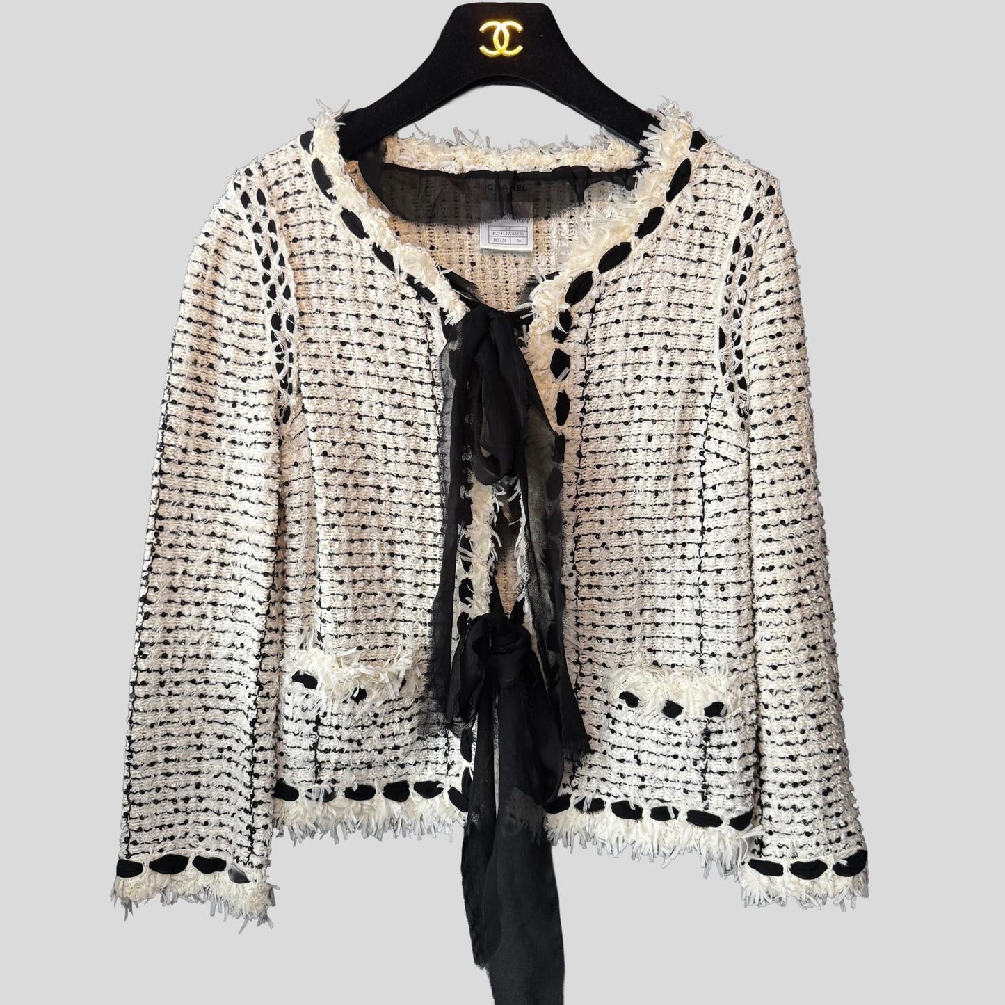 CHANEL - JACKET BLACK & WHITE TWEED SEQUINS SIZE 36 FR