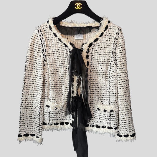 CHANEL - JACKET BLACK & WHITE TWEED SEQUINS SIZE 36 FR