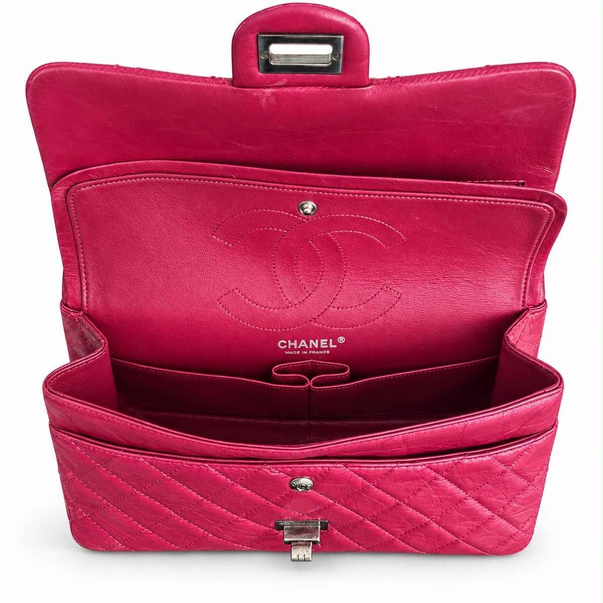 CHANEL - BAG 2.55 REISSUE DOUBLE FLAP IN MAGENTA RED QUILTED LEATHER WITH RUTHENIUM-TONE HARDWARE