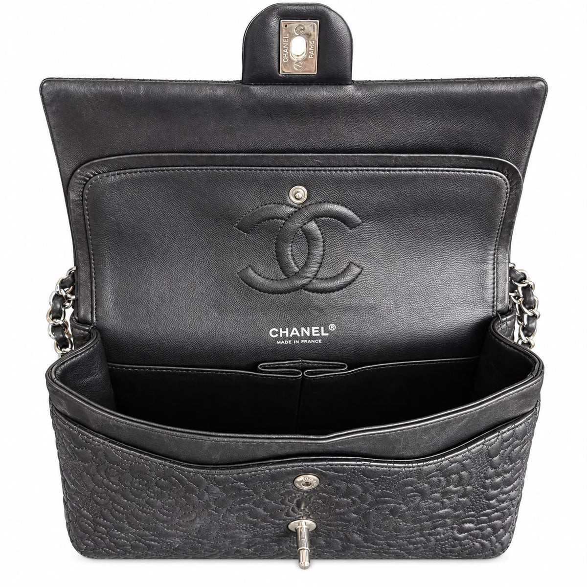 CHANEL - BAG TIMELESS CLASSIC FLAP BLACK CAMELLIA QUILTED LEATHER WITH SILVER TONE HARDWARE