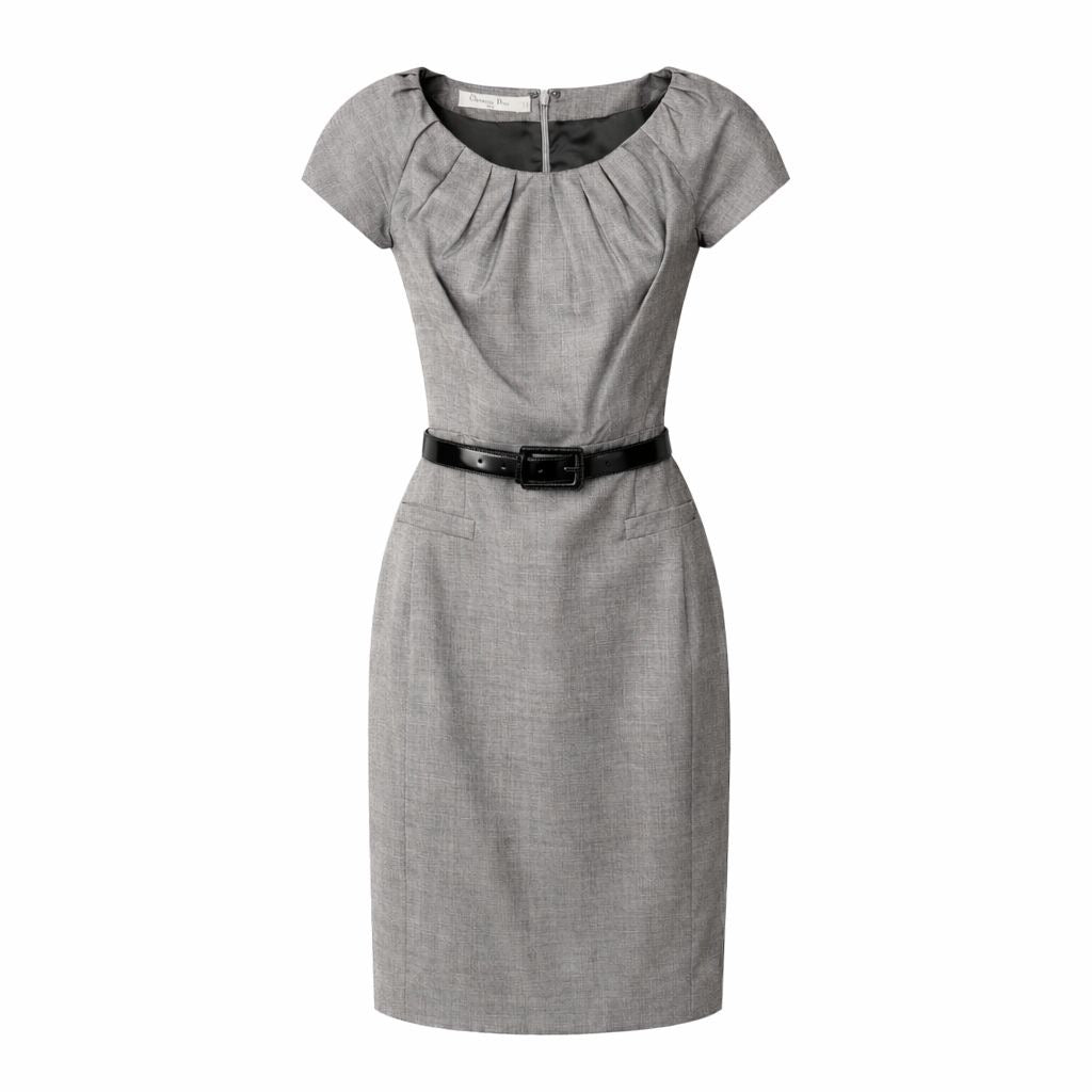 DIOR - DRESS MIDI GREY WITH BLACK BELT SIZE 36 FR